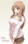  :d blush breasts brown_eyes brown_hair brown_shorts cleavage commentary eyebrows_visible_through_hair highres large_breasts long_hair looking_at_viewer matsumoto_yoriko mel_(melty_pot) open_mouth red_ribbon ribbon shorts simple_background smile solo sweater thick_eyebrows thighs tied_hair yuyushiki 
