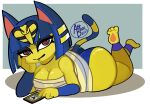 animal_crossing ankha_(animal_crossing) anthro areola attlasbinn bandage big_butt blue_body blue_fur blue_hair breasts butt cleavage clothed clothing domestic_cat electronics eyelashes feet felid feline felis female fur grey_background hair looking_at_viewer lying mammal markings nintendo nipples on_front phone red_eyes short_hair simple_background solo striped_markings striped_tail stripes tail tail_markings thick_thighs uraeus white_background wide_hips yellow_body yellow_fur