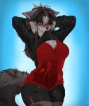 anthro biting_clothing black_bottomwear black_clothing black_shorts black_sweater black_topwear blue_eyes blush blushing_profusely bottomwear breasts brown_hair canid canine chest_tuft clothed clothing clothing_lift cute_fangs ears_down eye_scar facial_scar fangs female fluffyscar fox fur grey_body grey_fox grey_fur hair hands_behind_head hariasa_(fluffyscar) hi_res looking_at_viewer mammal one_eye_closed pivoted_ears raised_clothing raised_sweater raised_topwear red_clothing red_shirt red_tank_top red_topwear scar shirt shorts smile smiling_at_viewer solo striped_body striped_fur stripes sweater tail tail_pattern tank_top teeth thick_thighs topwear tuft urocyon wink