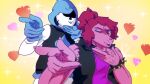16:9 anthro armband bracelet claws clothing darkner deltarune duo female gesture gloves hair hand_gesture handwear hi_res hoodie jewelry jujutsu_kaisen lancer_(deltarune) magik_woman male muscular one_eye_closed pointing ponytail pose purple_body purple_hair purple_skin scalie spades_(suit) spiked_armband spiked_bracelet spikes suit_symbol susie_(deltarune) topwear undertale_(series) widescreen wink