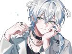  1boy androgynous black_collar black_shirt blue_eyes chain chain_necklace closed_mouth collar collarbone crew_neck drawn_ears fingerless_gloves from_side gloves hair_between_eyes hands_up head_rest highres ieemanchi iro_cloud jacket jewelry lapels long_hair long_sleeves looking_at_object male_focus multiple_necklaces multiple_rings necklace notched_lapels open_clothes open_jacket portrait ring shirt simple_background skoshism solo utaite virtual_youtuber white_background white_hair white_jacket 