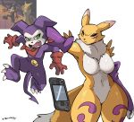 2026 ambiguous_gender angry annoyed anthro armwear armwear_only bandai_namco big_breasts black_sclera blue_eyes breasts bridal_gauntlets bridal_gauntlets_only canid canine clothing curvy_figure digimon digimon_(species) double_tomoe duo ears_back featureless_breasts featureless_crotch female fluffy fluffy_tail fur gloves green_eyes handwear hi_res holding_partner humanoid impmon kerchief larger_female leaning_hips lifting_partner mammal mostly_nude multicolored_body multicolored_fur navel neck_tuft neckerchief neckwear pivoted_ears purple_armwear purple_body purple_bridal_gauntlets purple_clothing red_clothing red_gloves red_handwear red_kerchief red_neckerchief reference_image renamon simple_background size_difference spade_tail standing steam_deck tail thick_thighs three-quarter_view tomoe_(symbol) tuft two_tone_body two_tone_fur valve_corporation valve_hardware white_background white_body white_fur wide_hips yellow_body yellow_fur zinnick