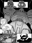 absurd_res anthro bodily_fluids bovid caprine comic deltarune dialogue e_pppg_art english_text female gelgoog goat group gundam hi_res human kris_dreemurr machine male mammal mobile_suit mobile_suit_gundam monochrome nervous ralsei roaring_knight robot scalie scared susie_(deltarune) sweat text undertale_(series)