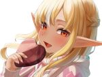  1girl :d blonde_hair candy chocolate commentary dark-skinned_female dark_elf dark_skin elf food heart heart-shaped_chocolate heart-shaped_food holding holding_food hololive long_hair looking_at_viewer open_mouth orange_eyes pointy_ears rasyiiiii shiranui_flare simple_background smile virtual_youtuber 