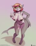 2026 anthro aquatic asteria_blackspot_(spyglass8) big_breasts bikini blonde_hair breasts clothing doomthewolf female fish gesture grey_body hair hand_gesture hi_res highlights_(coloring) looking_at_viewer multicolored_body multicolored_hair red_highlights shark sharp_teeth solo swimwear tail teeth two-piece_swimsuit two_tone_body two_tone_hair v_sign white_body wide_hips