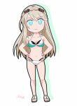  1girl artist_name bikini blonde_hair braid breasts chibi cleavage commentary_request crown_braid eiyuu_densetsu elaine_auclair green_eyes hair_between_eyes hands_on_own_hips kuro_no_kiseki_(series) kuro_no_kiseki_i kuro_no_kiseki_ii legs looking_at_viewer navel parted_bangs smile swept_bangs swimsuit white_background white_bikini xiacheng_tatsuya 