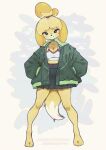 2026 4_toes animal_crossing anthro biped blonde_hair blue_eyes bottomwear breasts canid canine canis clothed clothed_anthro clothed_female clothing coffeechicken digital_drawing_(artwork) digital_media_(artwork) domestic_dog feet female front_view fully_clothed fully_clothed_anthro fully_clothed_female fur hair hi_res isabelle_(animal_crossing) jacket looking_at_viewer mammal nintendo open_clothing open_jacket open_topwear simple_background skirt smile solo standing tail toes topwear yellow_body yellow_fur yellow_tail