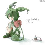  1girl absurdres bandaid bandaid_on_cheek bandaid_on_face bow candle closed_mouth cupcake expressionless food full_body green_hair green_shoes green_shorts hair_bow happy_birthday highres long_hair looking_at_viewer looking_back low_ponytail pea_pod pink_bow plate ponytail reshifreak shirt shoes shorts simple_background sitting solo suspenders voiceroid voicevox white_background white_shirt yellow_eyes zundamon 