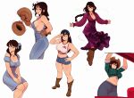  1girl artist_name black_dress blue_dress blue_overalls boots braid breasts brown_boots collage commentary cowboy_hat cowgirl_(western) crop_top denim denim_shorts dress english_commentary freckles hat highres jeans multiple_persona naked_overalls open_car_hood original overalls pants raichiyo33 shorts signature single_braid sweat 