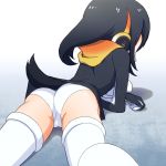  ass black_hair commentary_request emperor_penguin_(kemono_friends) from_behind headphones highres hood hood_down hoodie kemono_friends leotard long_hair lying on_stomach penguin_tail sat-c solo tail 