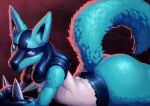 ambiguous_gender big_butt biped blue_body blue_eyes blue_fur blue_tail bodbloat butt colored detailed detailed_fur digital_media_(artwork) digital_painting_(artwork) fur generation_4_pokemon hi_res looking_at_viewer lucario lying nintendo nude_anthro on_front painting_(artwork) pokemon pokemon_(species) shaded solo spikes spikes_(anatomy) tail