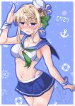  1girl anchor_symbol badge bikini bikini_skirt blonde_hair blue_sailor_collar blue_skirt blush braid braided_bangs breasts cleavage commentary_request cowboy_shot dated dixie_cup_hat green_neckerchief hair_bun hat highleg highleg_bikini kantai_collection kanyasu looking_at_viewer medium_breasts military_hat neckerchief nose_blush parted_lips perth_(kancolle) purple_eyes sailor_bikini sailor_collar sailor_hat salute shoes skirt solo swimsuit unworn_shoes white_bikini wrist_cuffs 