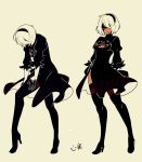  black_blindfold black_dress black_hairband blindfold boots breasts brown_legwear cleavage cleavage_cutout covered_eyes dress feather-trimmed_sleeves full_body hairband high_heel_boots high_heels juliet_sleeves kokomi_(aniesuakkaman) long_legs long_sleeves mole mole_under_mouth multiple_views nier_(series) nier_automata puffy_sleeves side_slit small_breasts thigh_boots thighhighs thighhighs_under_boots white_hair yorha_no._2_type_b 