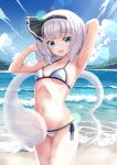  1girl :d absurdres alternate_costume armpits beach bikini black_hairband blue_bikini blush breasts commentary_request day green_eyes grey_hair hairband highres konpaku_youmu konpaku_youmu_(ghost) lens_flare looking_at_viewer multicolored_bikini navel ocean outdoors reimei_(r758120518) sand side-tie_bikini_bottom small_breasts smile solo stomach swimsuit thighs touhou two-tone_bikini water white_bikini 