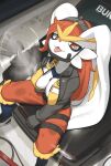 2026 5_fingers absurd_res anthro big_breasts biped bottomwear breasts cinderace clothed clothed_anthro clothed_female clothing digital_drawing_(artwork) digital_media_(artwork) female female_anthro fingers front_view fur generation_8_pokemon hair hi_res high-angle_view jacket looking_at_viewer nintendo open_clothing open_jacket open_topwear pants pokemon pokemon_(species) red_eyes red_hair sitting solo tail tongue tongue_out topwear white_body white_fur white_tail zinfyu