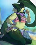2026 5_fingers anthro beach big_butt biped blurred_background bored bottomwear bulge butt cape clothed clothing colored_nails curvy_figure digital_media_(artwork) eyelashes facial_markings felid feline femboy fingers flower_(anatomy) food fur generation_9_pokemon green_body green_fur hand_on_hip head_markings hi_res inkyvex jewelry kneeling legs_together looking_at_viewer low-angle_view male mammal markings mask meowscarada multicolored_body nails navel nintendo pawpads pokemon pokemon_(species) popsicle popsicle_in_mouth pupils purple_eyes sarong shiny_pokemon signature skimpy slightly_chubby slit_pupils solo sucking sunny swimwear tattoo thick_thighs thong tied_clothing tongue tuft two_tone_body underwear wearing_mask wide_hips wristband