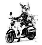  2016 :o alternate_costume artist_name black_footwear black_gloves black_jacket black_shorts bunny dated gloves goggles goggles_on_headwear greyscale ground_vehicle headgear helmet jacket kantai_collection long_hair looking_at_another monochrome motor_vehicle murakumo_(kantai_collection) non-human_admiral_(kantai_collection) partly_fingerless_gloves scooter shorts simple_background uzaki_(jiro) very_long_hair white_background yamaha yamaha_vino 