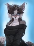 anthro black_clothing black_sweater black_topwear blue_background blue_eyes blush breasts canid canine chest_tuft clothing ear_scar exposed_shoulder eye_scar facial_scar female fluffyscar fox fur grey_body grey_fox grey_fur hair hariasa_(fluffyscar) hi_res looking_down mammal scar shy simple_background smile sweater tail topwear tuft twitching_ear urocyon white_hair_tips
