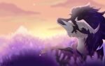 ambiguous_gender dragon european_mythology feral fur grass hair hi_res horn light mythological_creature mythological_scalie mythology plant purple_body purple_fur rin_chi scalie solo sunlight sunset western_dragon