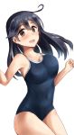 ahoge black_eyes black_hair blue_swimsuit breasts competition_school_swimsuit cowboy_shot highres jumping kantai_collection large_breasts long_hair minase_(takaoka_nanase) one-piece_swimsuit open_mouth school_swimsuit simple_background smile solo swimsuit ushio_(kantai_collection) white_background 
