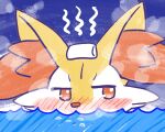 2026 ambiguous_anthro ambiguous_gender annyui0611 anthro biped blush blush_lines blushing_profusely braixen bubble canid generation_6_pokemon headshot_portrait hi_res japanese_description looking_away mammal nintendo no_pupils partially_submerged pokemon pokemon_(species) portrait simple_background solo steam towel towel_on_head translated_description