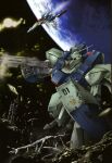  aiming asteroid battle beam_cannon beam_rifle char's_counterattack commentary damaged debris dirty earth_(planet) earth_federation energy_gun english_commentary explosion gundam gundam_perfect_file highres holding holding_energy_gun holding_weapon mecha mecha_focus mobile_armor mobile_suit nebula no_humans official_art painting_(medium) planet radio_antenna re-gz realistic robot scan science_fiction shield shino_masanori space star_(sky) thrusters traditional_media weapon zero_gravity 