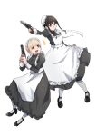  2girls apron black_dress black_hair black_shoes blonde_hair commentary dress frilled_apron frills grey_pantyhose gun handgun highres holding holding_gun holding_weapon ini_yoy inoue_takina lycoris_recoil maid maid_apron maid_headdress multiple_girls nishikigi_chisato orange_eyes pantyhose purple_eyes shoes short_hair short_hair_with_long_locks sidelocks simple_background weapon white_apron white_background 