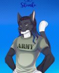 2018 4:5 5_fingers anthro arms_bent artist_name black_body black_eyebrows black_fur black_hair black_nose black_tail blue_highlights clothed clothed_anthro clothed_male clothing colored digital_drawing_(artwork) digital_media_(artwork) dipstick_tail domestic_cat english_description english_text eyebrows fangs felid feline felis fingers fur grey_clothing grey_shirt grey_t-shirt grey_topwear hair half-closed_eyes half-length_portrait hands_on_own_hips hi_res highlights_(coloring) light lighting long_tail male male_anthro mammal markings multicolored_body multicolored_fur multicolored_hair narrowed_eyes open_mouth open_smile pink_background portrait shaded shianko shirt simple_background smile solo t-shirt tail tail_markings teeth text text_on_t-shirt three-quarter_view toothy_grin topwear two_tone_body two_tone_fur two_tone_hair two_tone_tail whiskers white_body white_fur white_sclera white_tail_tip yellow_eyes