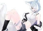  1girl :d animal_ear_fluff animal_ears aqua_eyes bare_shoulders black_nails blush breasts cross-shaped_pupils elira_pendora elira_pendora_(6th_costume) fangs fingerless_gloves fur-trimmed_jacket fur-trimmed_shorts fur_trim gloves half-jacket highres jacket large_breasts looking_at_viewer midriff mole mole_on_armpit navel nijisanji nijisanji_en open_fly riemarinevt short_hair shorts sideboob skindentation smile solo stomach symbol-shaped_pupils tail thigh_strap virtual_youtuber wolf_ears wolf_tail 