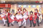 6+girls agnes_tachyon_(umamusume) ahoge animal_ears apron bag biscuit_(bread) black_bow black_hair black_pants black_ribbon black_shoes black_thighhighs blunt_bangs blunt_ends blunt_sidelocks blush bow braid breasts brown_eyes brown_hair brown_hat bucket_of_chicken buena_vista_(umamusume) checkered_hairband checkered_ribbon chicken_(food) chicken_leg chicken_sandwich collared_shirt colonel_sanders colonel_sanders_(cosplay) commentary_request cosplay dantsu_flame_(umamusume) dress ear_covers ear_ribbon ear_tag earrings employee_uniform facial_hair fast_food fast_food_uniform food french_fries fried_chicken frills glasses gold_ship_(umamusume) grey_hair hair_between_eyes hair_ornament hairband hat holding holding_bag holding_tray horse_ears horse_girl horse_tail jacket jewelry kfc large_breasts long_bangs long_hair long_hair_between_eyes long_sleeves looking_at_viewer lucky_lilac_(umamusume) manhattan_cafe_(umamusume) medium_breasts medium_hair multicolored_hair multiple_girls mustache neck_ribbon official_alternate_costume official_art open_mouth pants pillbox_hat pink_hairband purple_eyes red_apron red_desire_(umamusume) red_dress red_eyes red_hair red_hairband red_headdress red_shirt red_veil red_vest ribbon second-party_source shirt shoes short_hair side_ponytail sidelocks single_earring small_breasts smile star_ornament stay_gold_(umamusume) streaked_hair string_tie tail thighhighs tray umamusume veil vest waist_apron waitress white_apron white_hair white_jacket white_pants white_shirt white_thighhighs yellow_eyes 
