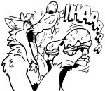 2026 anthro awoogasm bodily_fluids canid canine canis claws eyes_closed facial_hair fangs food fur heart_symbol hi_res holding_food holding_object holding_sandwich inner_ear_fluff male mammal monochrome mustache open_mouth saliva saliva_on_tongue saliva_string sandwich_(food) solo sound_effects teeth text tongue tongue_out tuft wide_mouth wolf