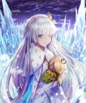  anastasia_(fate/grand_order) bad_id bad_pixiv_id bangs blue_eyes cape cloud cloudy_sky crown doll dress eyebrows_visible_through_hair eyes_visible_through_hair fate/grand_order fate_(series) hairband highres holding holding_doll ice jewelry long_hair looking_at_viewer mini_crown royal_robe silver_hair sky snow snowing solo som2sol standing upper_body very_long_hair white_dress winter 