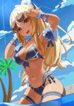  1girl :d absurdres armpits bikini blonde_hair blue_sky breasts cleavage commentary_request dark-skinned_female dark_elf dark_skin elf eyewear_on_head halterneck highres hololive looking_at_viewer medium_breasts navel open_mouth orange_eyes outdoors pointy_ears rasyiiiii shiranui_flare side-tie_bikini_bottom sky smile solo string_bikini sunglasses swimsuit triangle_bikini_top virtual_youtuber 