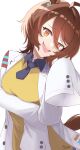  1girl agnes_tachyon_(tach-nology)_(umamusume) agnes_tachyon_(umamusume) ahoge animal_ears black_necktie blush breasts brown_hair chemical_structure coat cork earrings hair_between_eyes highres horse_ears horse_girl horse_tail jewelry lab_coat long_sleeves medium_breasts mizuki_no_e necktie open_mouth red_eyes shirt short_necktie simple_background single_earring sleeves_past_fingers sleeves_past_wrists smile solo sweater sweater_vest tail teeth test_tube umamusume upper_teeth_only white_background white_coat wolf_cut yellow_sweater yellow_sweater_vest 