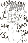  @_@ al_bhed_eyes american_flag animal_hat armpits arms_up bangs boots cat_hat cowboy_shot denchuubou dress excited greyscale hair_between_eyes happy hat hood hoodie hoodie_dress hoodie_vest jumping medium_hair monochrome open_mouth original paw_print pins short_dress sidelocks sleeveless sleeveless_dress smile vest wide-eyed 