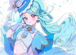  1girl aqua_capelet blue_hair blue_tube_top boater_hat bridal_gauntlets capelet closed_mouth commentary_request cure_eclair frilled_tube_top frills hat_ornament highres hiiragi_syuu howa_kurea impossible_hair looking_at_viewer magical_girl meitantei_precure! navel orange_eyes precure purple_bridal_gauntlets smile solo strapless tube_top 