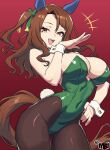  1girl animal_ears bare_shoulders bow breasts brown_hair brown_pantyhose cleavage commentary covered_navel ear_bow ear_covers ear_ribbon fake_tail green_bow green_leotard highres horse_ears horse_girl horse_tail king_halo_(umamusume) large_breasts leotard long_hair looking_at_viewer mewmaster93 nontraditional_playboy_bunny ojou-sama_pose open_mouth pantyhose rabbit_tail red_eyes simple_background smile solo tail teeth umamusume upper_teeth_only white_wrist_cuffs wrist_cuffs 