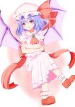  1girl absurdres ascot back_bow bat_wings blue_hair bow brooch commentary_request crossed_arms crossed_legs hat hat_ribbon highres jewelry looking_at_viewer mob_cap pink_ascot pink_bow pink_hat pink_shirt pink_skirt puffy_short_sleeves puffy_sleeves red_eyes red_shoes reinoni remilia_scarlet ribbon shirt shoes short_sleeves skirt skirt_set sleeve_bow smile socks solo touhou white_socks wings 