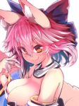  alternate_hairstyle animal_ear_fluff animal_ears bare_shoulders blue_ribbon breasts cleavage closed_mouth detached_sleeves fang fate/grand_order fate_(series) fox_ears fox_tail hair_ribbon hands_in_hair highres japanese_clothes large_breasts looking_at_viewer pink_hair ribbon simple_background solo tail tamamo_(fate)_(all) tamamo_no_mae_(fate) wisespeak yellow_eyes 