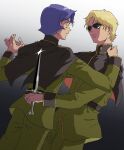  black_capelet blonde_hair blush capelet char_aznable collared_capelet commentary dagger dancing english_commentary garma_zabi green_jacket green_pants gundam hand_grab highres holding holding_dagger holding_knife holding_weapon jacket knife looking_at_another mobile_suit_gundam mobile_suit_gundam_the_origin oekaki pants parted_lips purple_hair short_hair shoulder_boards sona_(mmediocreman) spoilers surprised weapon yaoi zeon 