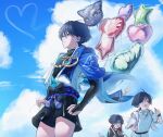  3boys ahoge anger_vein animal-shaped_balloon animal_print armor arms_at_sides balloon belt bird_print bishounen black_belt black_bodysuit black_bow black_bridal_gauntlets black_hair black_kimono black_shorts black_sleeves blue_cape blue_eyes blue_gem blue_kimono blue_sky blue_sleeves blunt_ends bodysuit bow bridal_gauntlets cape chasing clenched_hands closed_eyes closed_mouth clothing_cutout cloud cloudy_sky commentary contrail covered_collarbone drawn_heart facing_viewer feathers fingernails furisode gem genshin_impact glint gold hair_intakes hakama hakama_shorts hands_up heart heart_balloon highres holding holding_pen japanese_armor japanese_clothes jewelry juban kariginu kimono kote kurokote layered_sleeves light_blush looking_at_another looking_to_the_side mandarin_collar mitsudomoe_(shape) multiple_boys multiple_persona neck_ring open_clothes open_kimono open_mouth outdoors pectorals pelvic_curtain pen pleated_shorts pom_pom_(clothes) purple_bow purple_rope purple_sash purple_sleeves red_kimono rope sash scaramouche_(cat)_(genshin_impact) scaramouche_(genshin_impact) scaramouche_(harbinger)_(genshin_impact) scaramouche_(kabukimono)_(genshin_impact) shimenawa short_sleeves shorts side_cape side_cutout skalamushu sky star_balloon string tassel tasuki tomoe_(symbol) toned toned_male tongue tsurime untranslatable_commentary vision_(genshin_impact) wanderer_(genshin_impact) white_kimono white_sleeves white_trim wispy_bangs wolf_cut yellow_feathers 