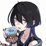  1boy alternate_hair_length_(longer) alternate_hairstyle averting_eyes bare_shoulders black_gloves black_hair black_nails black_shirt blue_hair blunt_ends bright_me_up!!_(ensemble_stars!) chain chain_necklace chinese_commentary commentary_request donut ear_piercing earrings ensemble_stars! fang fingerless_gloves fingernails fishnet_gloves fishnets food gloves gradient_hair grey_jacket hair_between_eyes highres holding holding_donut holding_food jacket jellyfish_cut jewelry long_hair male_focus multicolored_hair necklace official_alternate_costume official_alternate_hairstyle open_mouth piercing red_eyes sakuma_ritsu shirt simple_background skin_fang solo sonnambulo777 star-shaped_pupils star_(symbol) symbol-shaped_pupils white_background 