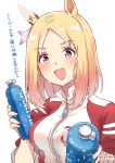  1girl absurdres animal_ears blonde_hair blush bottle breasts commentary_request ear_covers highres hiro5000_tama holding holding_bottle horse_ears horse_girl jacket looking_at_viewer medium_breasts narita_top_road_(umamusume) open_mouth purple_eyes red_jacket short_hair single_ear_cover smile solo teeth tracen_training_uniform track_jacket umamusume upper_body upper_teeth_only 