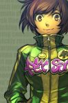  badge brown_eyes brown_hair button_badge commentary english green_background hand_in_pocket hankuri jacket long_sleeves looking_at_viewer persona persona_4 satonaka_chie short_hair smile smiley_face solo upper_body zipper 