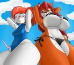  2018 anthro big_breasts bikini blue_eyes breast_envy breast_size_difference breasts buckteeth canine cleavage clothed clothing cloud cloudscape creatiffy day duo eyewear female fox fur glasses hair huge_breasts looking_at_viewer looking_down low-angle_view mammal mouse multicolored_fur navel one-piece_swimsuit orange_fur outside red_eyes red_hair rodent sky small_breasts swimsuit teeth two_tone_fur under_boob white_fur 