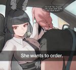  2girls animal_ear_fluff animal_ears ass ass_peek black_hair black_necktie black_skirt blunt_bangs breasts caption car_interior fox_bun fox_ears fox_girl he_wants_to_order_(meme) highres hoshimi_miyabi large_breasts long_hair looking_at_viewer meme multiple_girls necktie pencil_skirt pink_hair red_eyes ring_hair_ornament shirt skirt snapchat tsukishiro_yanagi vehicle_interior white_shirt yuri zenless_zone_zero 