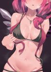  1girl absurdres arm_behind_head asymmetrical_wings bikini black_bikini black_bow bow breasts commentary commission crystal_wings double_bikini english_commentary eyes_out_of_frame facing_viewer hair_bow hair_over_shoulder halterneck head_out_of_frame highres hololive hololive_english irys_(hololive) irys_(holonatsu_paradise)_(hololive) jewelry large_breasts layered_bikini long_hair low_side_ponytail navel necklace official_alternate_costume official_alternate_hairstyle open_mouth purple_background purple_hair shift_(shiftillust) side_ponytail simple_background solo stomach string_bikini sweat swimsuit triangle_bikini_top untied_bikini_top virtual_youtuber wings 