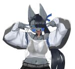  1girl animal_ears asymmetrical_bangs bare_shoulders belt bikini bikini_top_under_shirt bikini_under_clothes black_collar black_hair black_pants blue_eyes blue_nails blue_ribbon blunt_bangs breasts cleavage collar commentary_request dog_ears dog_girl double_v facepaint furry furry_female hair_over_one_eye long_hair long_tongue medium_breasts nail_polish navel one_eye_covered original pants piercing ponytail puffy_sleeves ribbon see-through_clothes see-through_shirt sharp_teeth shirt simple_background sketch solo suima_(sleepiness18) swimsuit teeth tongue tongue_out tongue_piercing two-tone_sleeves v very_long_hair white_background white_shirt 