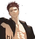  1boy abs bare_pectorals black_shirt bright_pupils brown_hair closed_mouth commentary highres jewelry love_and_deepspace male_focus open_clothes open_shirt pectorals ring shirt short_hair solo toned toned_male untranslatable_commentary upper_body valko_(love_and_deepspace) vgen_username white_background yuu_xio 