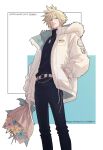  1boy belt black_pants black_sweater blonde_hair bouquet character_name closed_mouth cloud_strife cloud_strife_(snowy_icicle_jacket) coat commentary_request dissidia_duellum_final_fantasy dissidia_final_fantasy dog_tags feet_out_of_frame fenrir_(ff7) final_fantasy final_fantasy_vii fur-trimmed_coat fur_trim hair_between_eyes hand_in_pocket happy_birthday highres holding holding_bouquet hood hood_down hooded_coat mixmomo_yah official_alternate_costume pants short_hair spiked_hair sweater white_background white_belt white_coat winter 